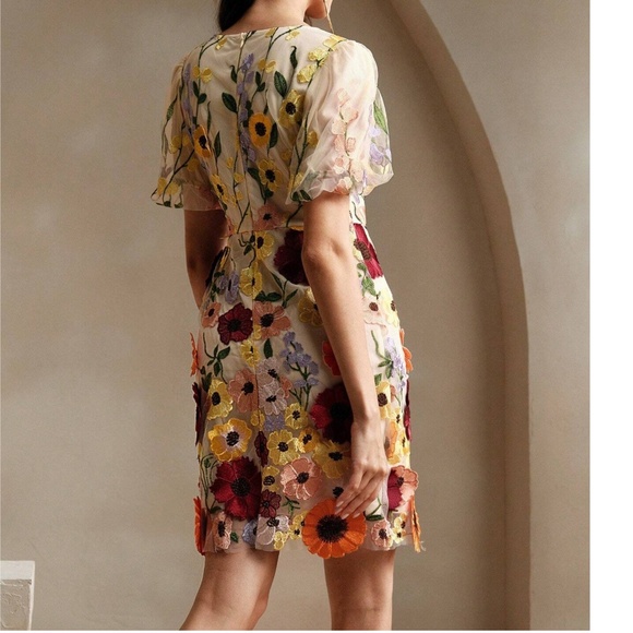 Classic Colorful Floral Applique Puff Sleeve Fitted Mini Dress - Picture 3 of 5